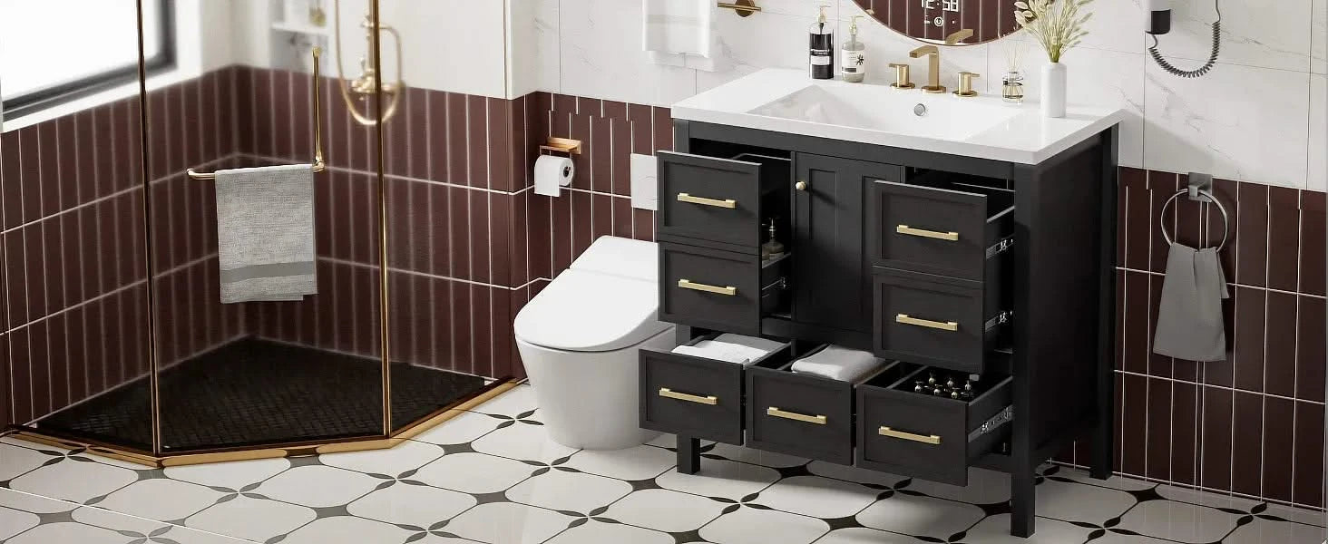 36'' Bathroom Vanity with Resin Sink Combo, Solid Wood Frame Bathroom Storage Cabinet, Freestanding Vanity Set with 5 Drawers& Soft Closing Doors (Same as N710S136002B+SW000142AAB ) Default -DTYStore