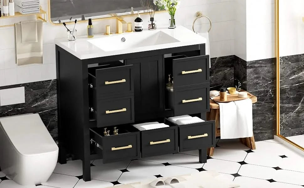 36'' Bathroom Vanity with Resin Sink Combo, Solid Wood Frame Bathroom Storage Cabinet, Freestanding Vanity Set with 5 Drawers& Soft Closing Doors (Same as N710S136002B+SW000142AAB ) Default -DTYStore