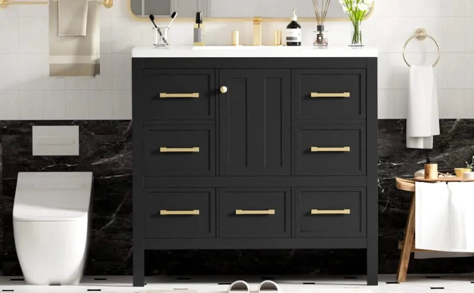 36'' Bathroom Vanity with Resin Sink Combo, Solid Wood Frame Bathroom Storage Cabinet, Freestanding Vanity Set with 5 Drawers& Soft Closing Doors (Same as N710S136002B+SW000142AAB ) Default -DTYStore