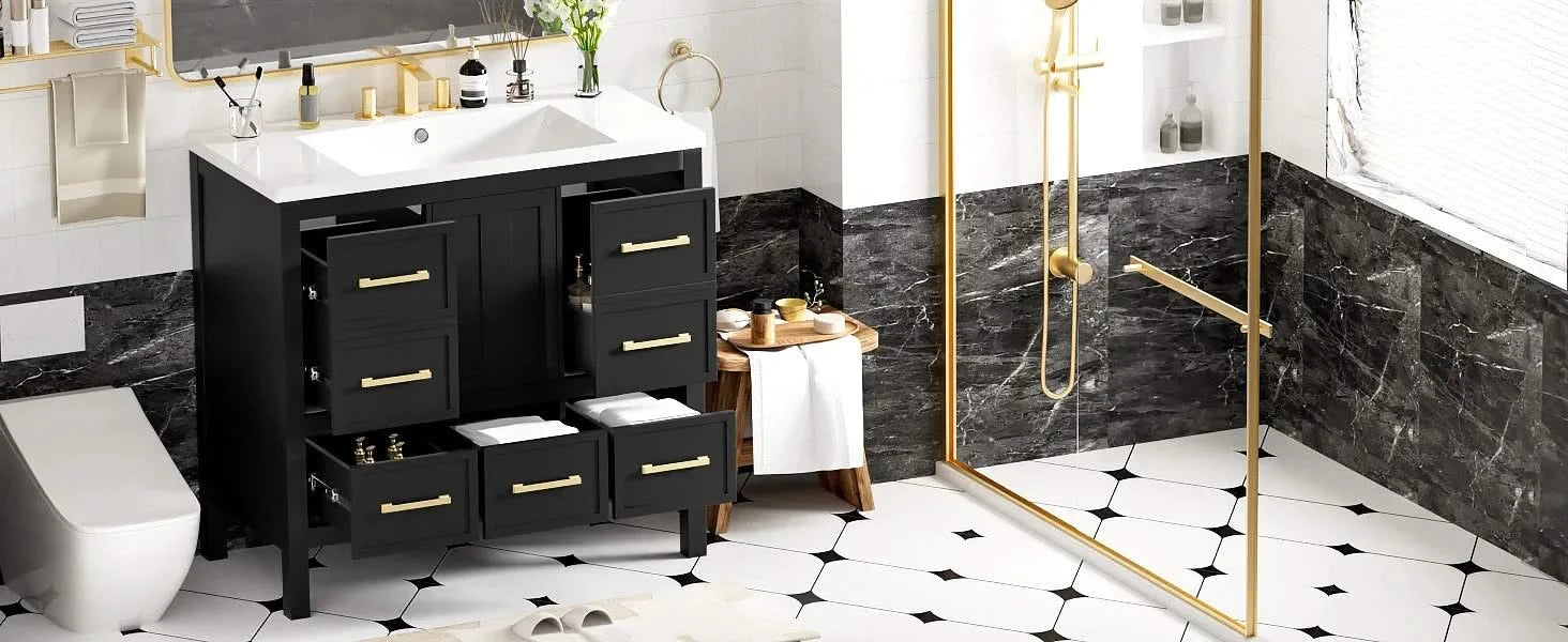 36'' Bathroom Vanity with Resin Sink Combo, Solid Wood Frame Bathroom Storage Cabinet, Freestanding Vanity Set with 5 Drawers& Soft Closing Doors (Same as N710S136002B+SW000142AAB ) Default -DTYStore