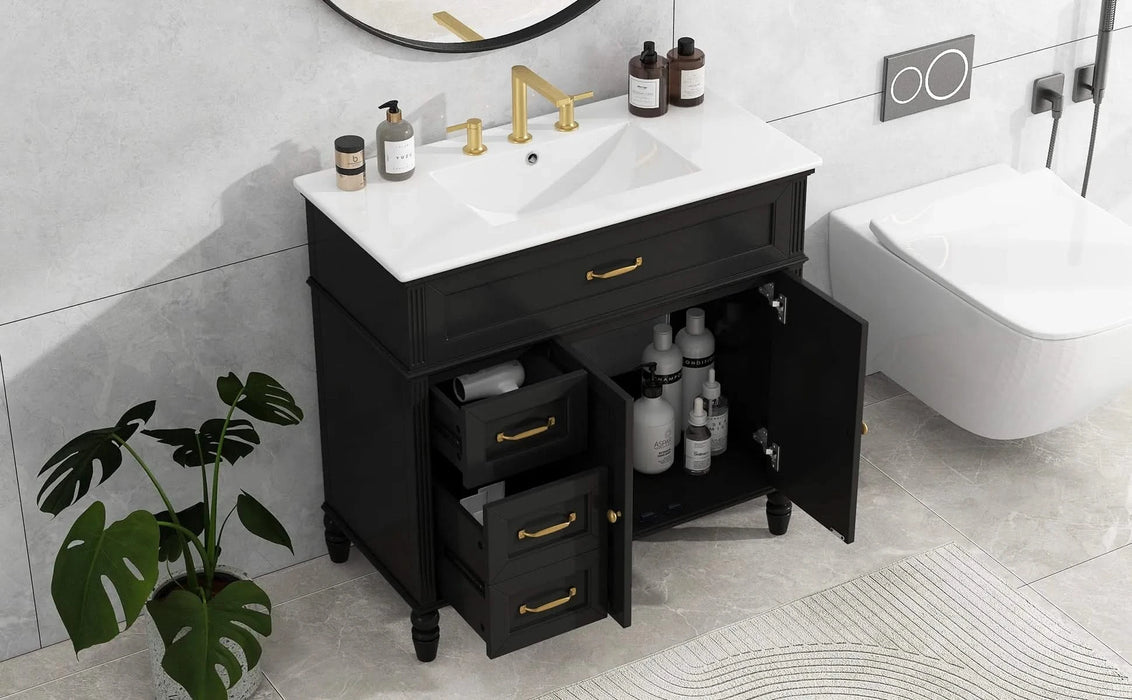 36' Bathroom Vanity with Sink, Black Bathroom Cabinet with Drawers, Solid Frame and MDF Board, One Package Default -DTYStore