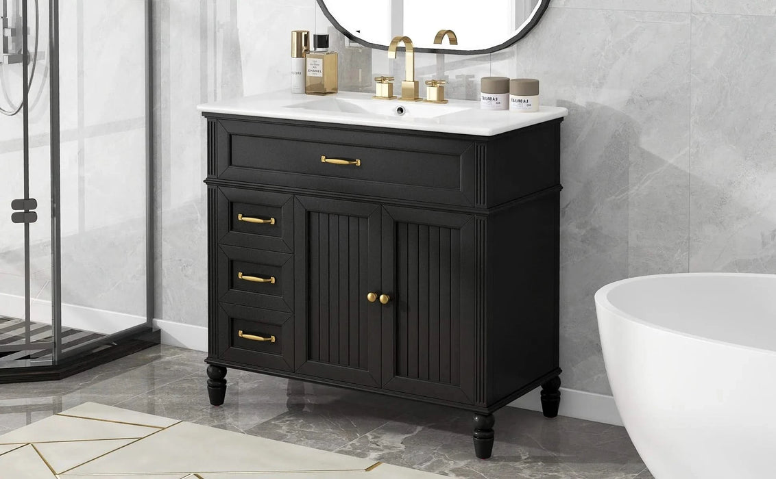 36' Bathroom Vanity with Sink, Black Bathroom Cabinet with Drawers, Solid Frame and MDF Board, One Package Default -DTYStore