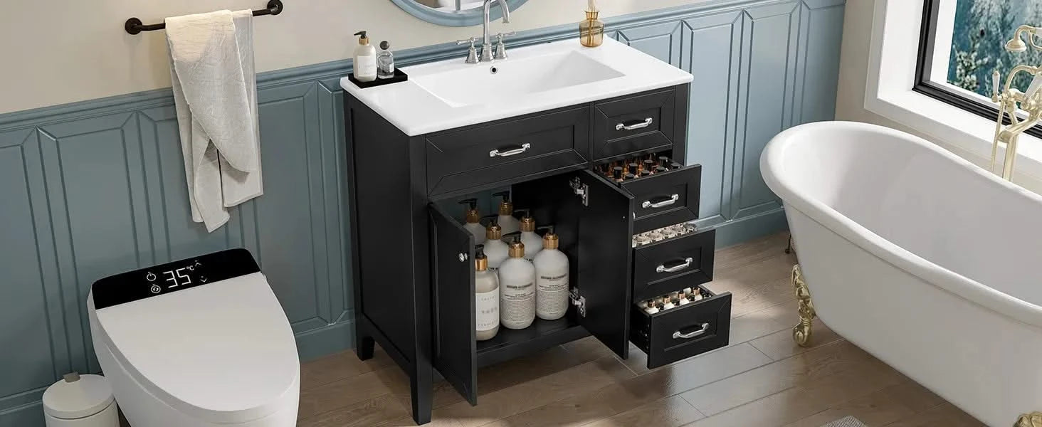 36' Bathroom Vanity with Sink Combo, Black Bathroom Cabinet with Drawers, Solid Frame and MDF Board (Old Sku:JL000007AAB) Default -DTYStore