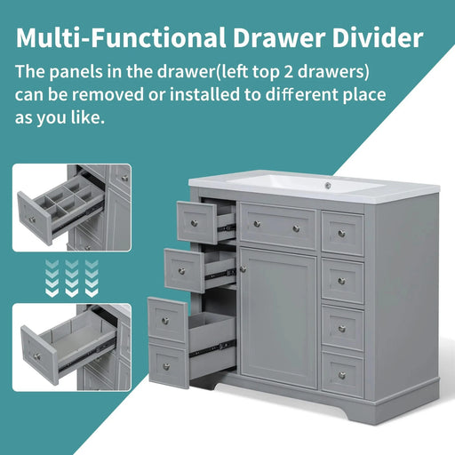 36' Bathroom Vanity with Sink Combo, One Cabinet and Six Drawers, Solid Wood and MDF Board, Grey (Old Sku:SY999404AAE) Default -DTYStore