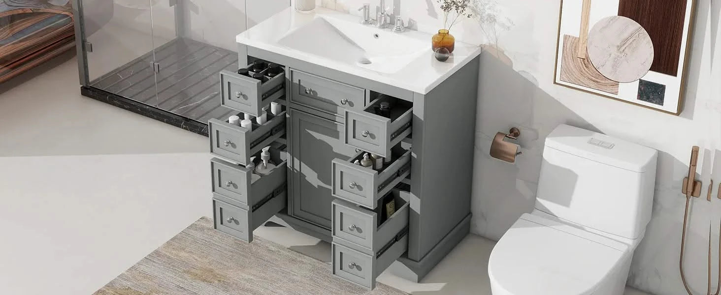36' Bathroom Vanity with Sink Combo, One Cabinet and Six Drawers, Solid Wood and MDF Board, Grey (Old Sku:SY999404AAE) Default -DTYStore