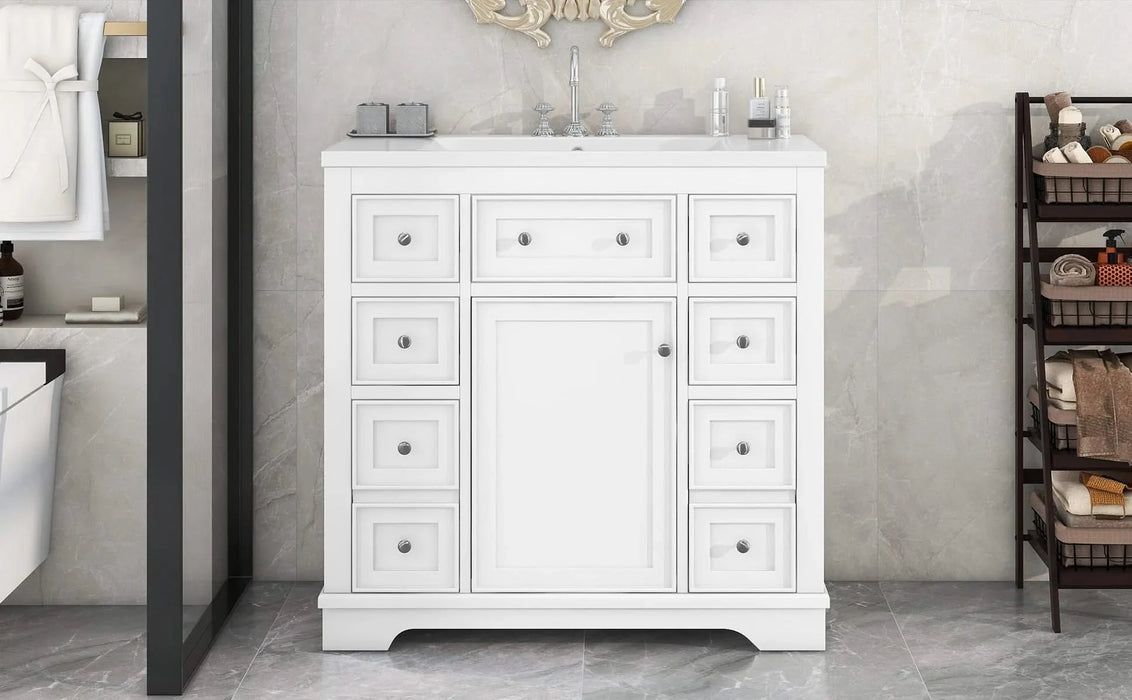 36' Bathroom Vanity with Sink Combo, One Cabinet and Six Drawers, Solid Wood and MDF Board, White Default -DTYStore