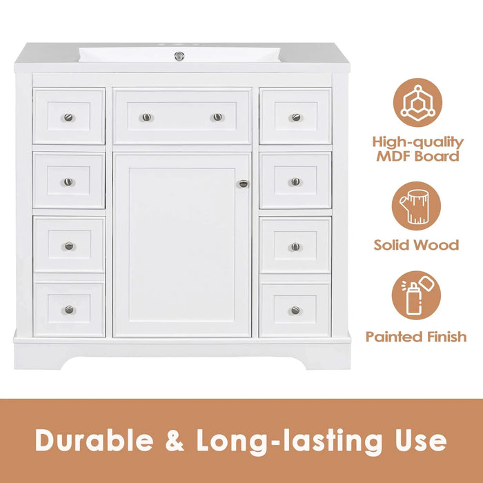 36' Bathroom Vanity with Sink Combo, One Cabinet and Six Drawers, Solid Wood and MDF Board, White Default -DTYStore
