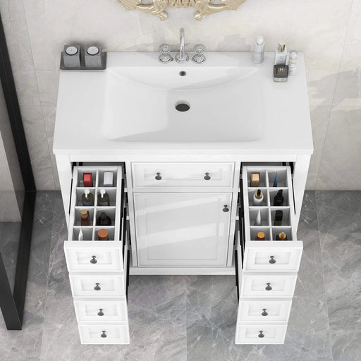 36' Bathroom Vanity with Sink Combo, One Cabinet and Six Drawers, Solid Wood and MDF Board, White Default -DTYStore