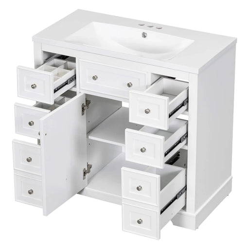 36' Bathroom Vanity with Sink Combo, One Cabinet and Six Drawers, Solid Wood and MDF Board, White Default -DTYStore