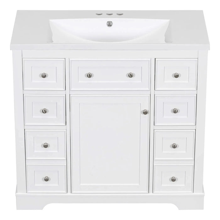 36' Bathroom Vanity with Sink Combo, One Cabinet and Six Drawers, Solid Wood and MDF Board, White Default -DTYStore
