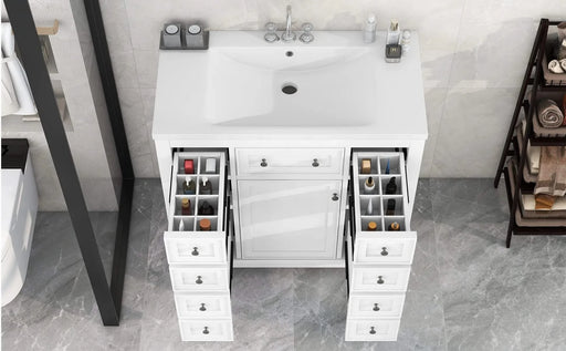 36' Bathroom Vanity with Sink Combo, One Cabinet and Six Drawers, Solid Wood and MDF Board, White Default -DTYStore