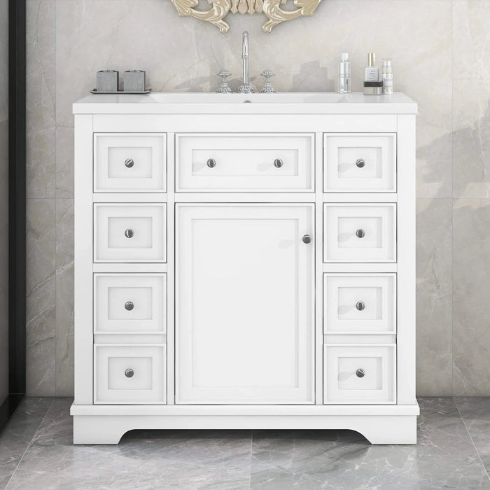 36' Bathroom Vanity with Sink Combo, One Cabinet and Six Drawers, Solid Wood and MDF Board, White Default -DTYStore
