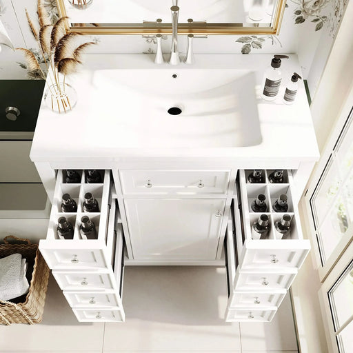 36' Bathroom Vanity with Sink Combo, One Cabinet and Six Drawers, Solid Wood and MDF Board, White Default -DTYStore