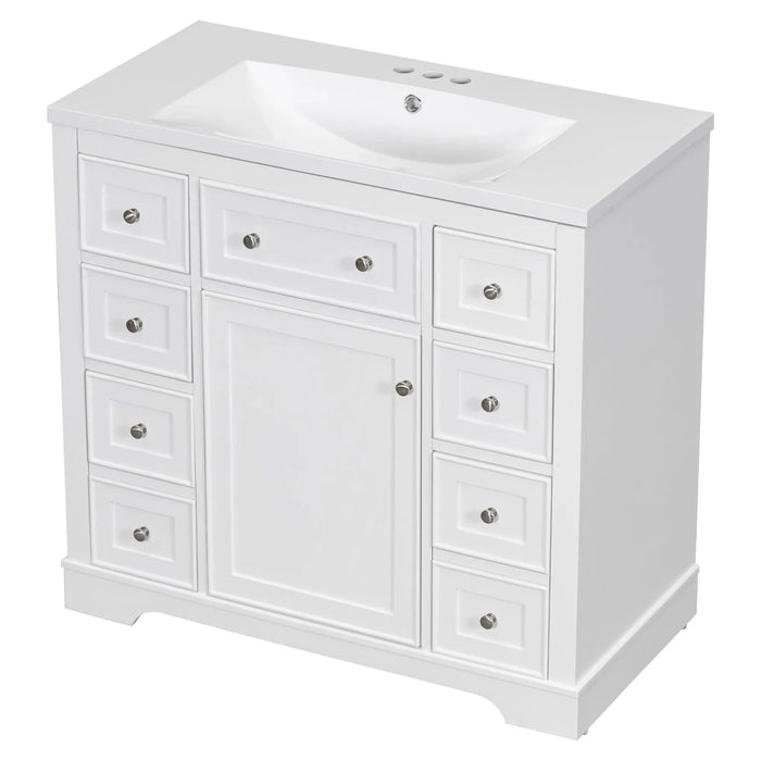 36' Bathroom Vanity with Sink Combo, One Cabinet and Six Drawers, Solid Wood and MDF Board, White Default -DTYStore