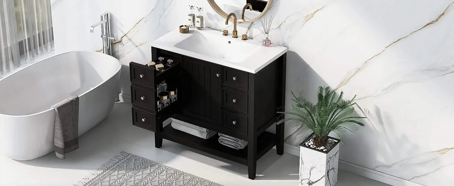 36' Bathroom Vanity with Sink Combo, One Cabinet and Three Drawers, Solid Wood and MDF Board, Black (Old Sku:SY999505AAB) Default -DTYStore