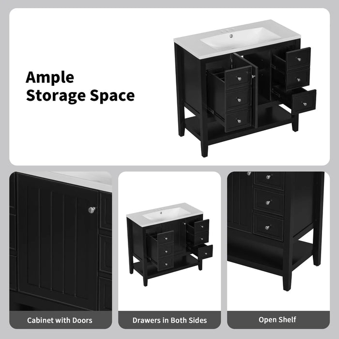 36' Bathroom Vanity with Sink Combo, One Cabinet and Three Drawers, Solid Wood and MDF Board, Black (Old Sku:SY999505AAB) Default -DTYStore