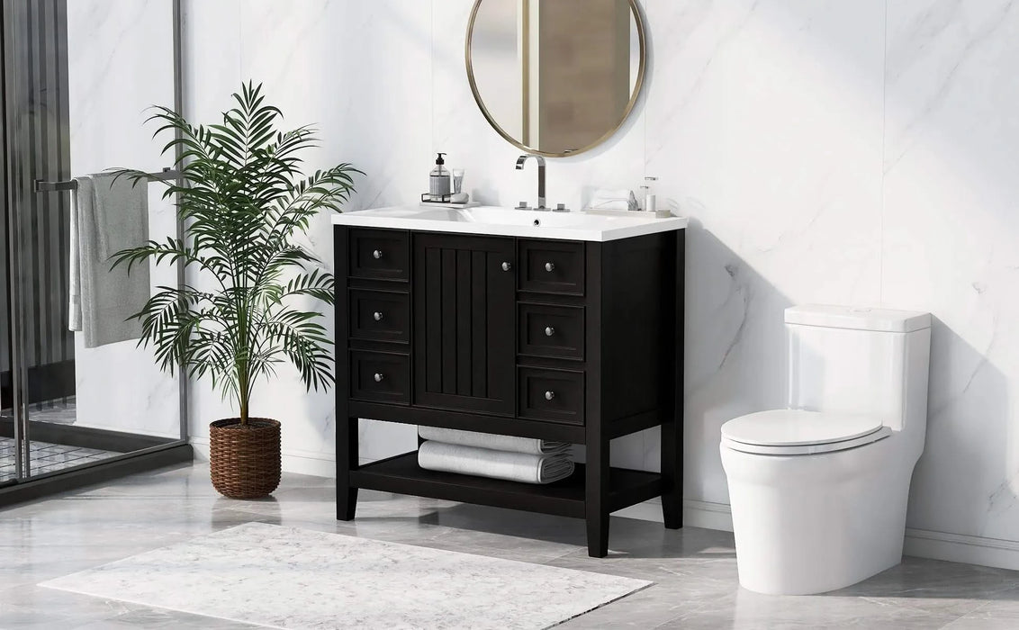 36' Bathroom Vanity with Sink Combo, One Cabinet and Three Drawers, Solid Wood and MDF Board, Black (Old Sku:SY999505AAB) Default -DTYStore