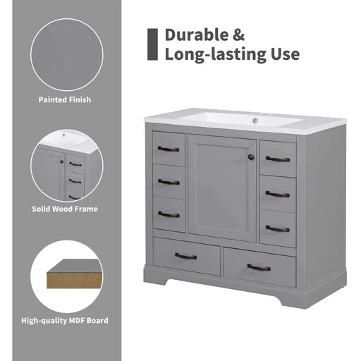36' Bathroom Vanity with Sink Combo, Six Drawers, Multi-Functional Drawer Divider, Adjustable Shelf, Grey (Old Sku:SY999808AAE) Default -DTYStore