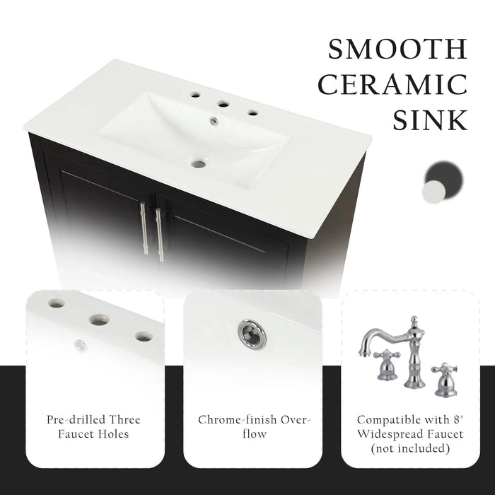 36' Bathroom Vanity with Sink, Multi-functional Bathroom Cabinet with Doors and Drawers, MDF Frame and MDF Board, Black Default -DTYStore