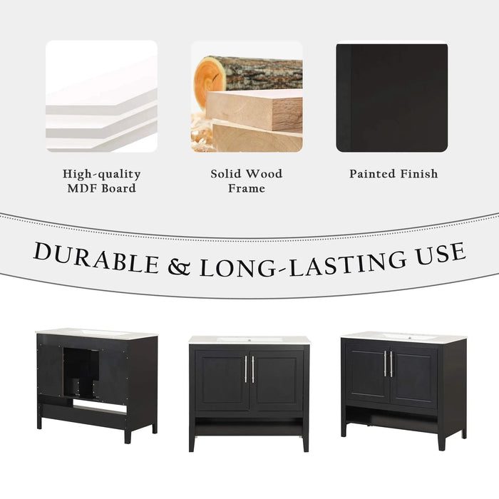 36' Bathroom Vanity with Sink, Multi-functional Bathroom Cabinet with Doors and Drawers, MDF Frame and MDF Board, Black Default -DTYStore