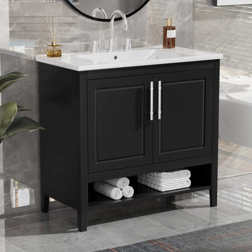 36' Bathroom Vanity with Sink, Multi-functional Bathroom Cabinet with Doors and Drawers, MDF Frame and MDF Board, Black Default -DTYStore