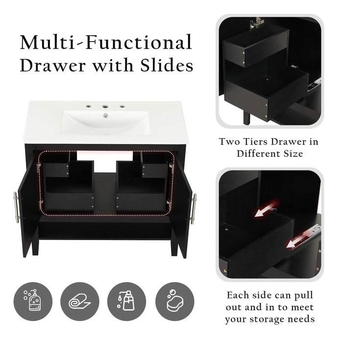 36' Bathroom Vanity with Sink, Multi-functional Bathroom Cabinet with Doors and Drawers, MDF Frame and MDF Board, Black Default -DTYStore