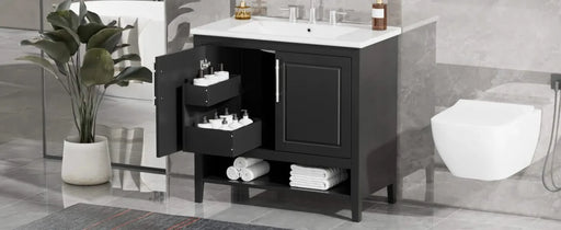 36' Bathroom Vanity with Sink, Multi-functional Bathroom Cabinet with Doors and Drawers, MDF Frame and MDF Board, Black Default -DTYStore