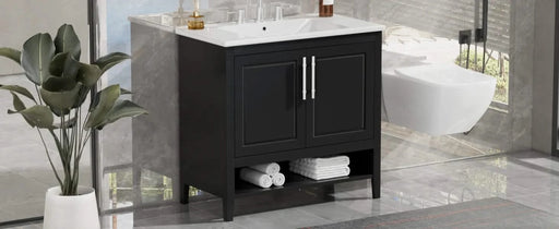 36' Bathroom Vanity with Sink, Multi-functional Bathroom Cabinet with Doors and Drawers, MDF Frame and MDF Board, Black Default -DTYStore