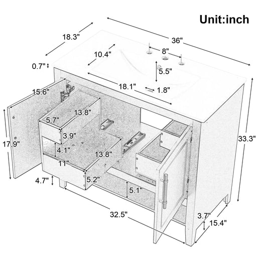 36' Bathroom Vanity with Sink, Multi-functional Bathroom Cabinet with Doors and Drawers, MDF Frame and MDF Board, Black Default -DTYStore