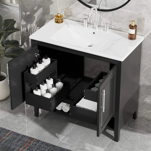 36' Bathroom Vanity with Sink, Multi-functional Bathroom Cabinet with Doors and Drawers, MDF Frame and MDF Board, Black Default -DTYStore