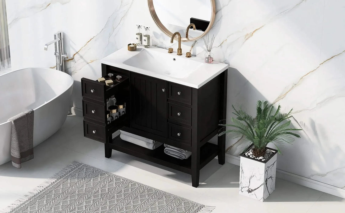 36' Bathroom Vanity with Sink, One Cabinet and Three Drawers, Solid Wood and MDF Board, Black (Old Sku:SY999505AAB-6) Default -DTYStore