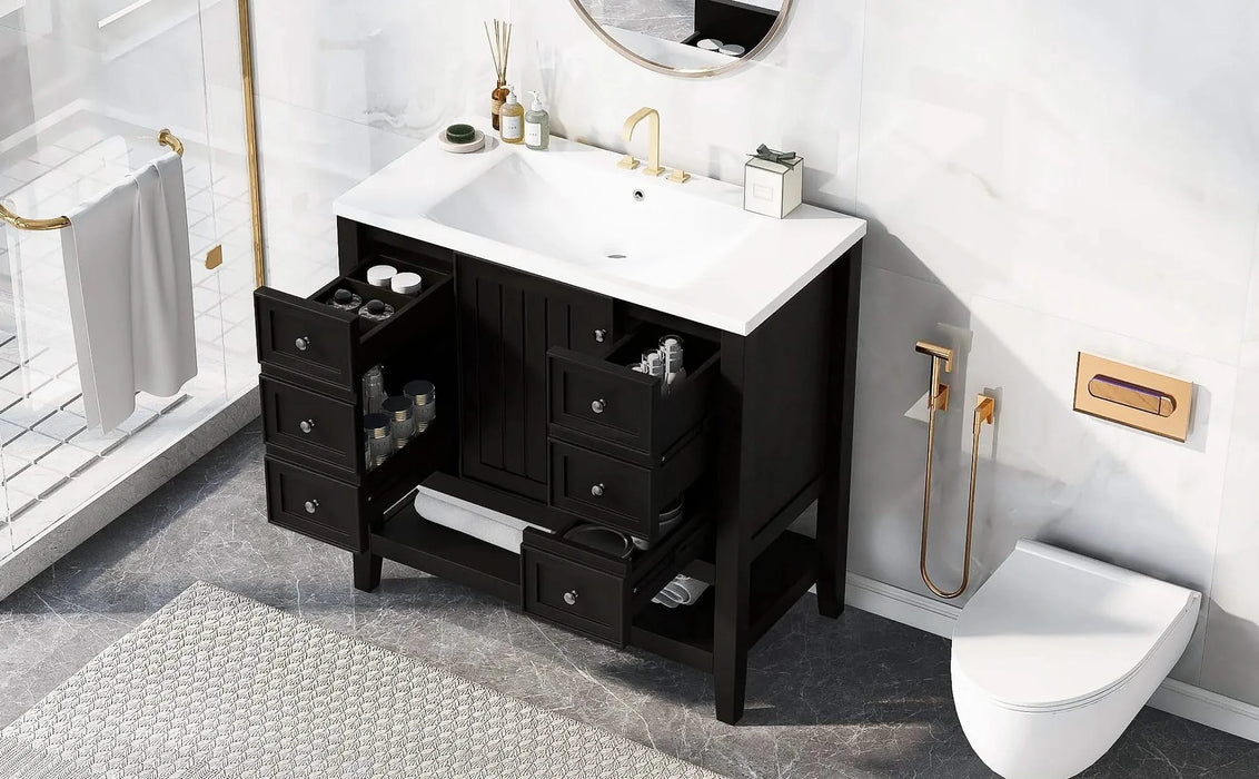36' Bathroom Vanity with Sink, One Cabinet and Three Drawers, Solid Wood and MDF Board, Black (Old Sku:SY999505AAB-6) Default -DTYStore