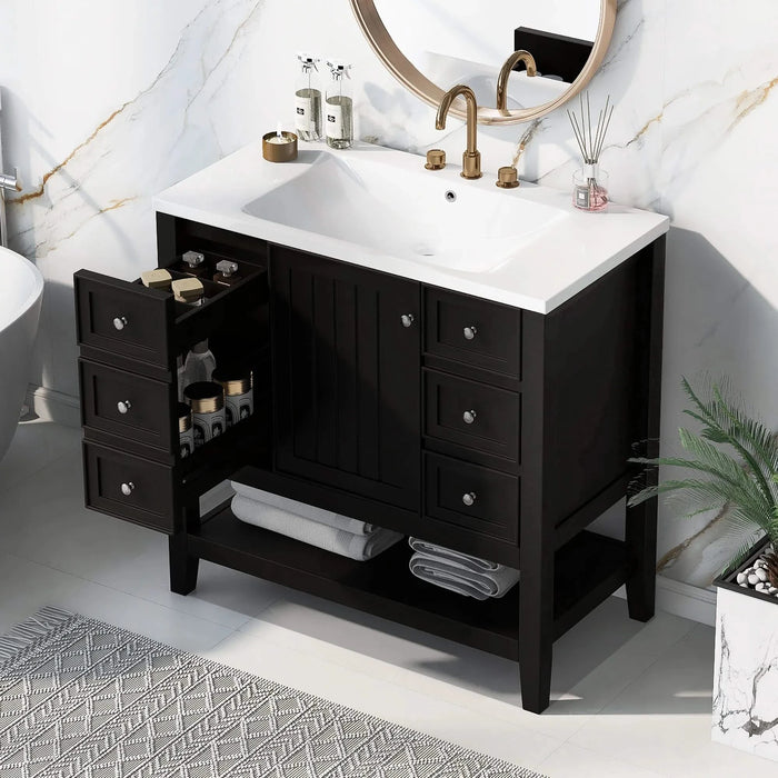 36' Bathroom Vanity with Sink, One Cabinet and Three Drawers, Solid Wood and MDF Board, Black (Old Sku:SY999505AAB-6) Default -DTYStore