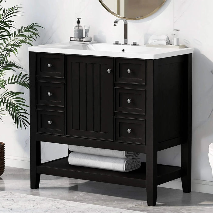 36' Bathroom Vanity with Sink, One Cabinet and Three Drawers, Solid Wood and MDF Board, Black (Old Sku:SY999505AAB-6) Default -DTYStore