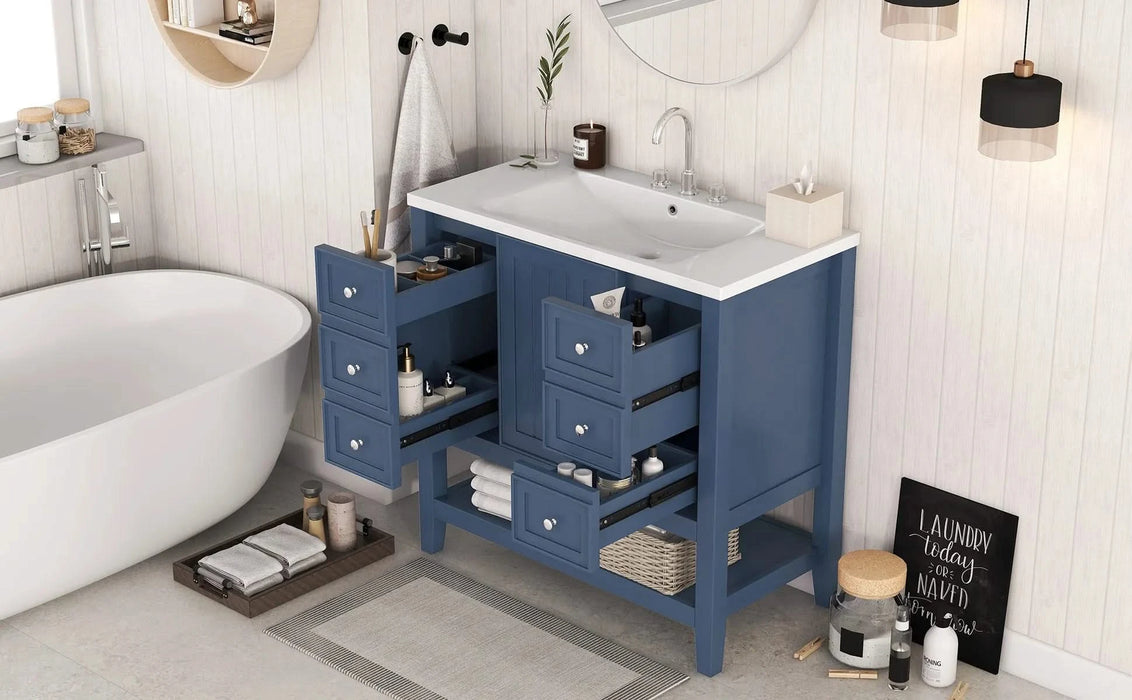 36' Bathroom Vanity with Sink, One Cabinet and Three Drawers, Solid Wood and MDF Board, Blue (Old Sku:SY999505AAC-6) Default -DTYStore