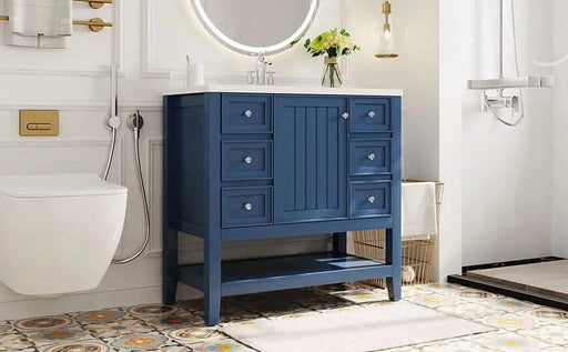 36' Bathroom Vanity with Sink, One Cabinet and Three Drawers, Solid Wood and MDF Board, Blue (Old Sku:SY999505AAC-6) Default -DTYStore