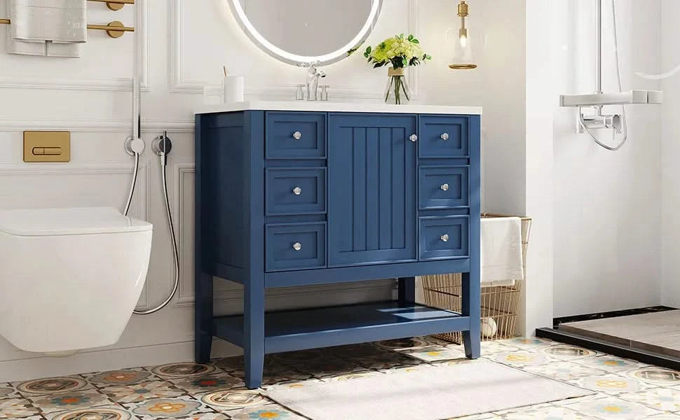36' Bathroom Vanity with Sink, One Cabinet and Three Drawers, Solid Wood and MDF Board, Blue (Old Sku:SY999505AAC-6) Default -DTYStore