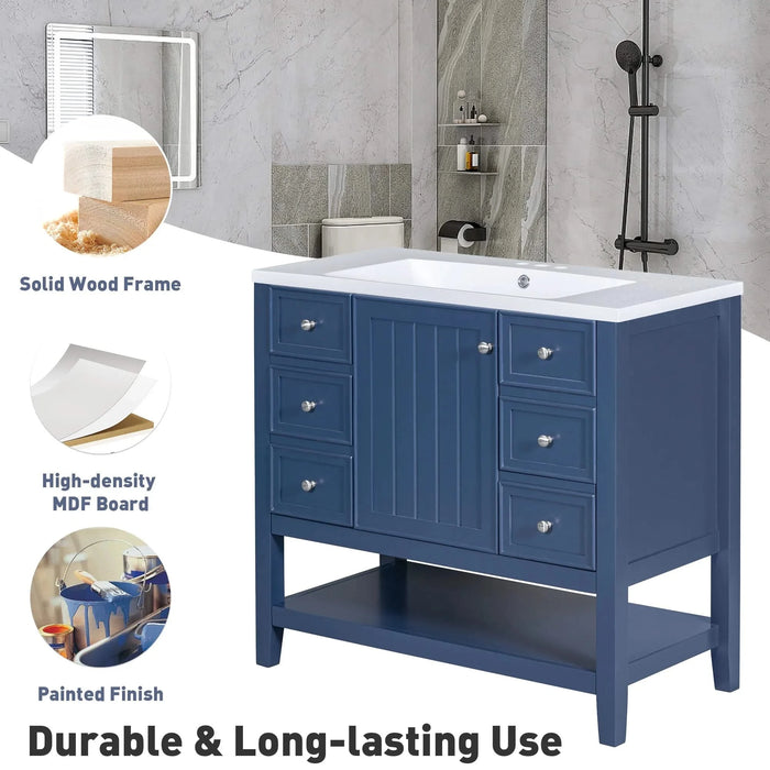 36' Bathroom Vanity with Sink, One Cabinet and Three Drawers, Solid Wood and MDF Board, Blue (Old Sku:SY999505AAC-6) Default -DTYStore