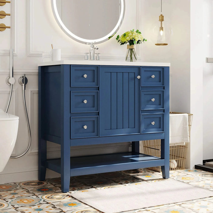36' Bathroom Vanity with Sink, One Cabinet and Three Drawers, Solid Wood and MDF Board, Blue (Old Sku:SY999505AAC-6) Default -DTYStore