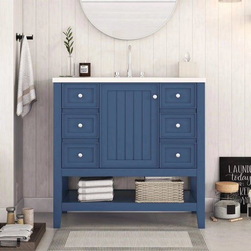36' Bathroom Vanity with Sink, One Cabinet and Three Drawers, Solid Wood and MDF Board, Blue (Old Sku:SY999505AAC-6) Default -DTYStore