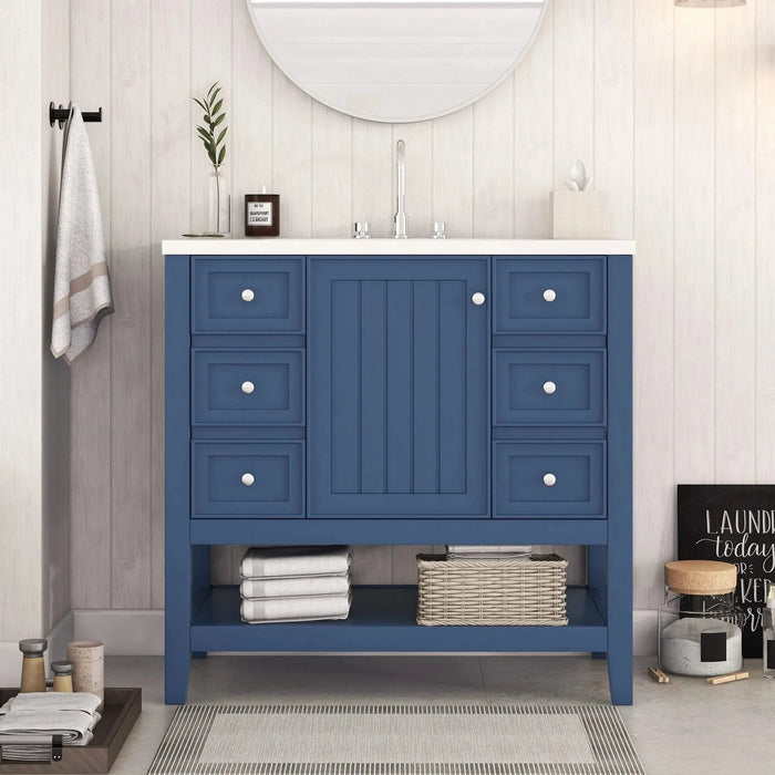36' Bathroom Vanity with Sink, One Cabinet and Three Drawers, Solid Wood and MDF Board, Blue (Old Sku:SY999505AAC-6) Default -DTYStore