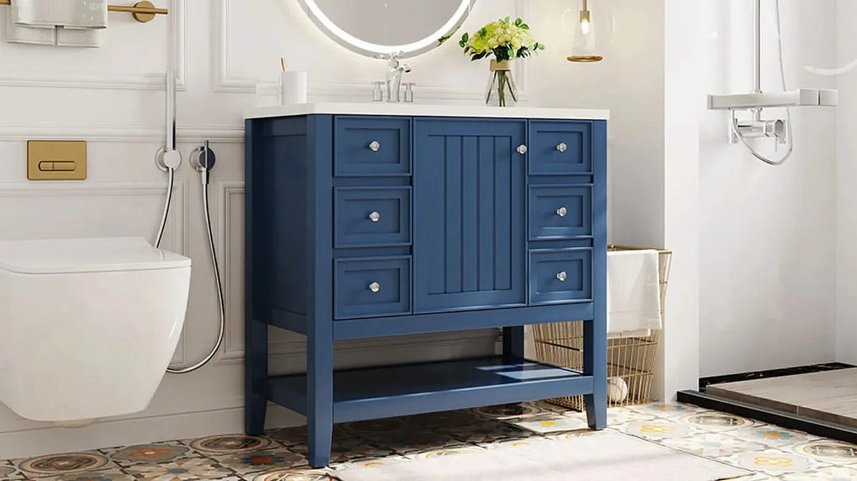 36' Bathroom Vanity with Sink, One Cabinet and Three Drawers, Solid Wood and MDF Board, Blue (Old Sku:SY999505AAC-6) Default -DTYStore
