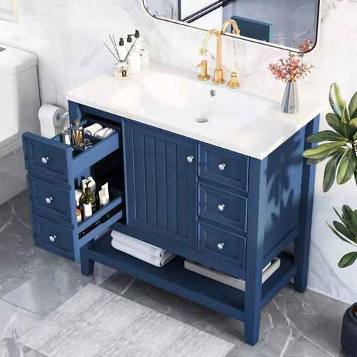 36' Bathroom Vanity with Sink, One Cabinet and Three Drawers, Solid Wood and MDF Board, Blue (Old Sku:SY999505AAC-6) Default -DTYStore