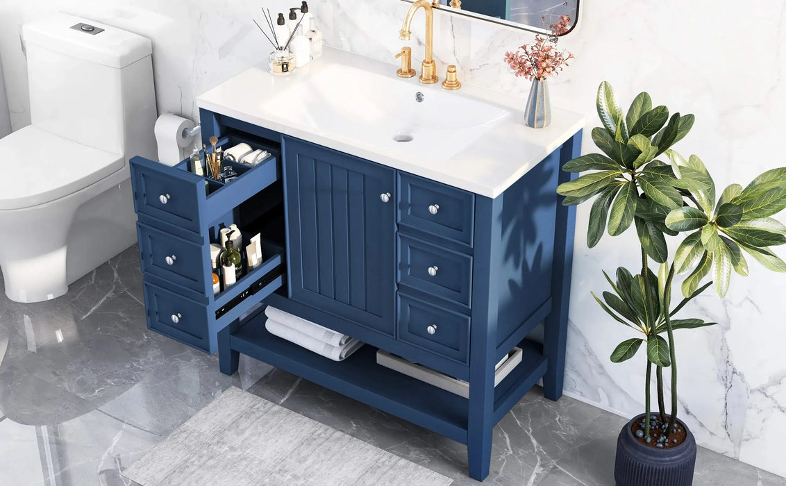 36' Bathroom Vanity with Sink, One Cabinet and Three Drawers, Solid Wood and MDF Board, Blue (Old Sku:SY999505AAC-6) Default -DTYStore