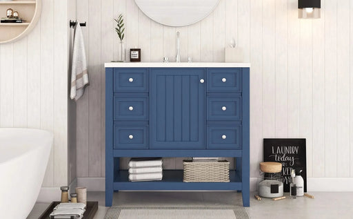 36' Bathroom Vanity with Sink, One Cabinet and Three Drawers, Solid Wood and MDF Board, Blue (Old Sku:SY999505AAC-6) Default -DTYStore