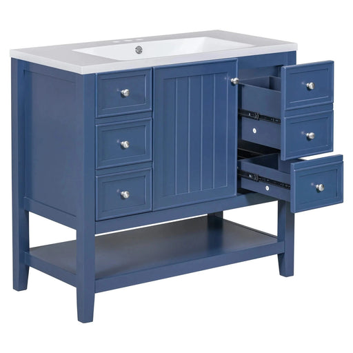 36' Bathroom Vanity with Sink, One Cabinet and Three Drawers, Solid Wood and MDF Board, Blue (Old Sku:SY999505AAC-6) Default -DTYStore