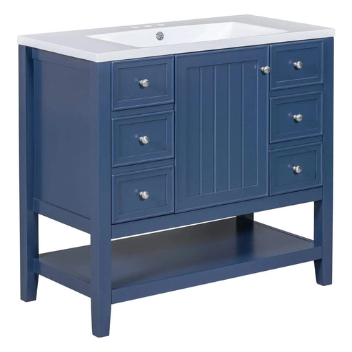 36' Bathroom Vanity with Sink, One Cabinet and Three Drawers, Solid Wood and MDF Board, Blue (Old Sku:SY999505AAC-6) Default -DTYStore