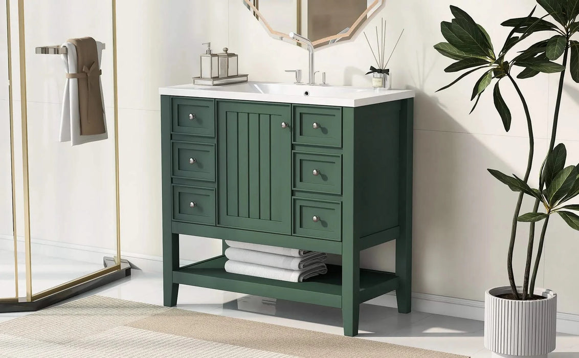 36' Bathroom Vanity with Sink, One Cabinet and Three Drawers, Solid Wood and MDF Board, Green (Old Sku:SY999505AAG-6) Default -DTYStore