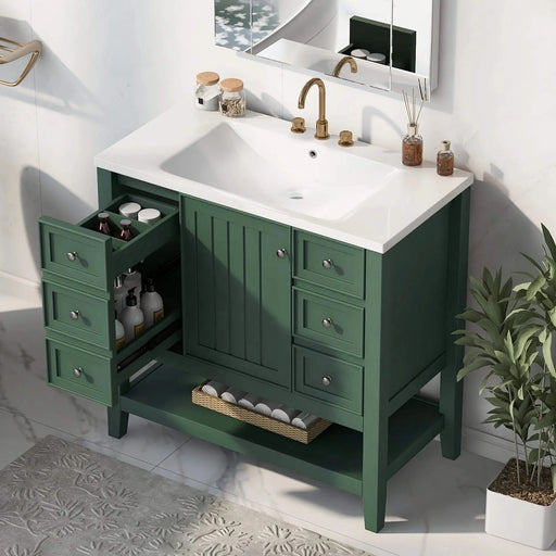 36' Bathroom Vanity with Sink, One Cabinet and Three Drawers, Solid Wood and MDF Board, Green (Old Sku:SY999505AAG-6) Default -DTYStore