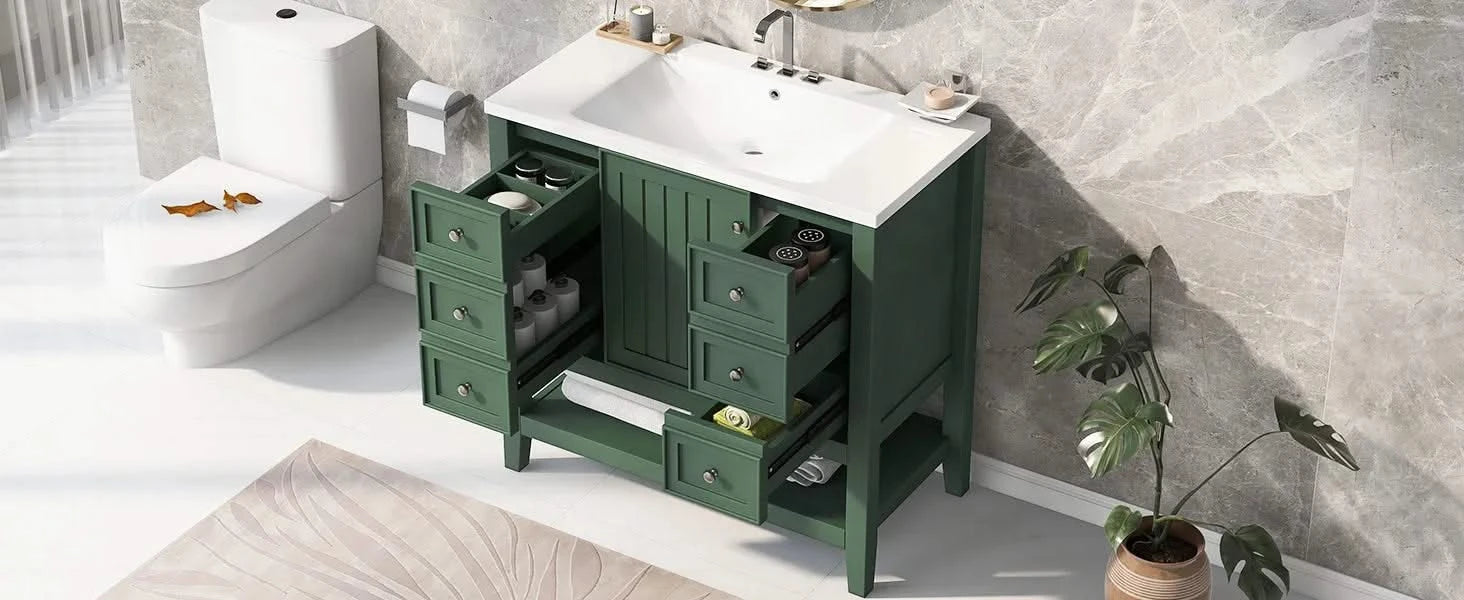 36' Bathroom Vanity with Sink, One Cabinet and Three Drawers, Solid Wood and MDF Board, Green (Old Sku:SY999505AAG-6) Default -DTYStore